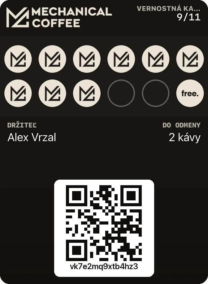 Vernostná karta kaviarne Mechanical Coffee v Apple Wallet — 9 z 11 pečiatok