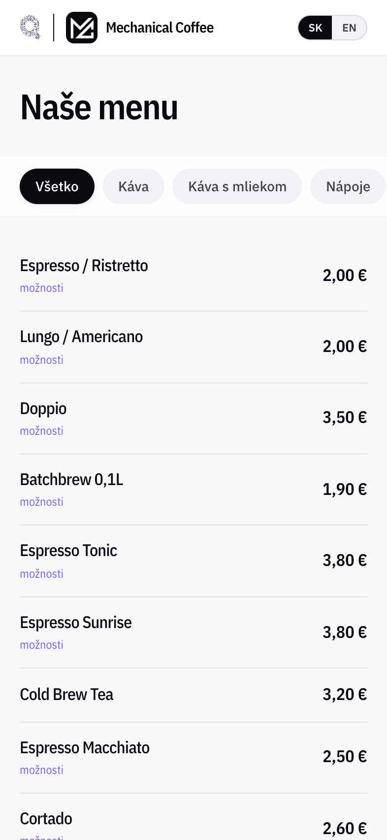 Menu kaviarne Mechanical Coffee v mobile hosťa