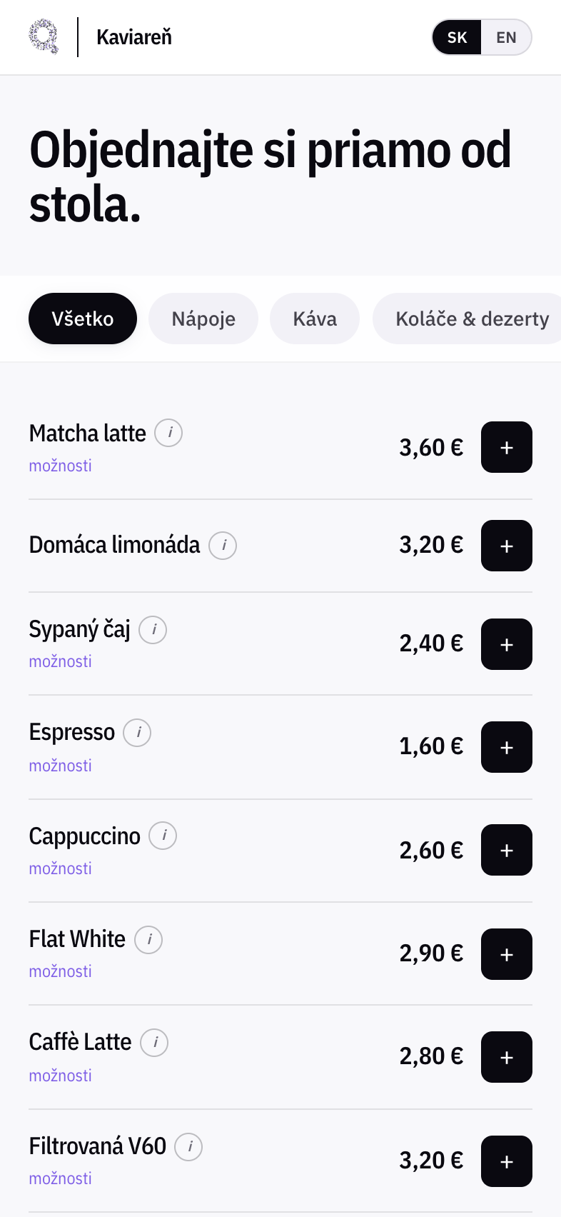 Menu ukážkovej kaviarne v mobile hosťa